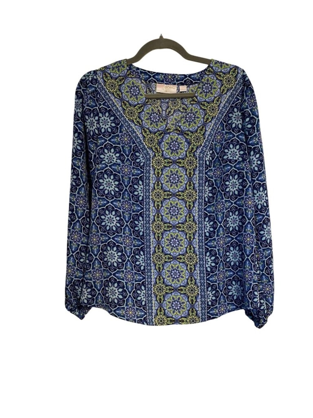Belle Kim Gravel Boho Women's S Blue Green Tunic Floral Long Sleeve Top Hippie